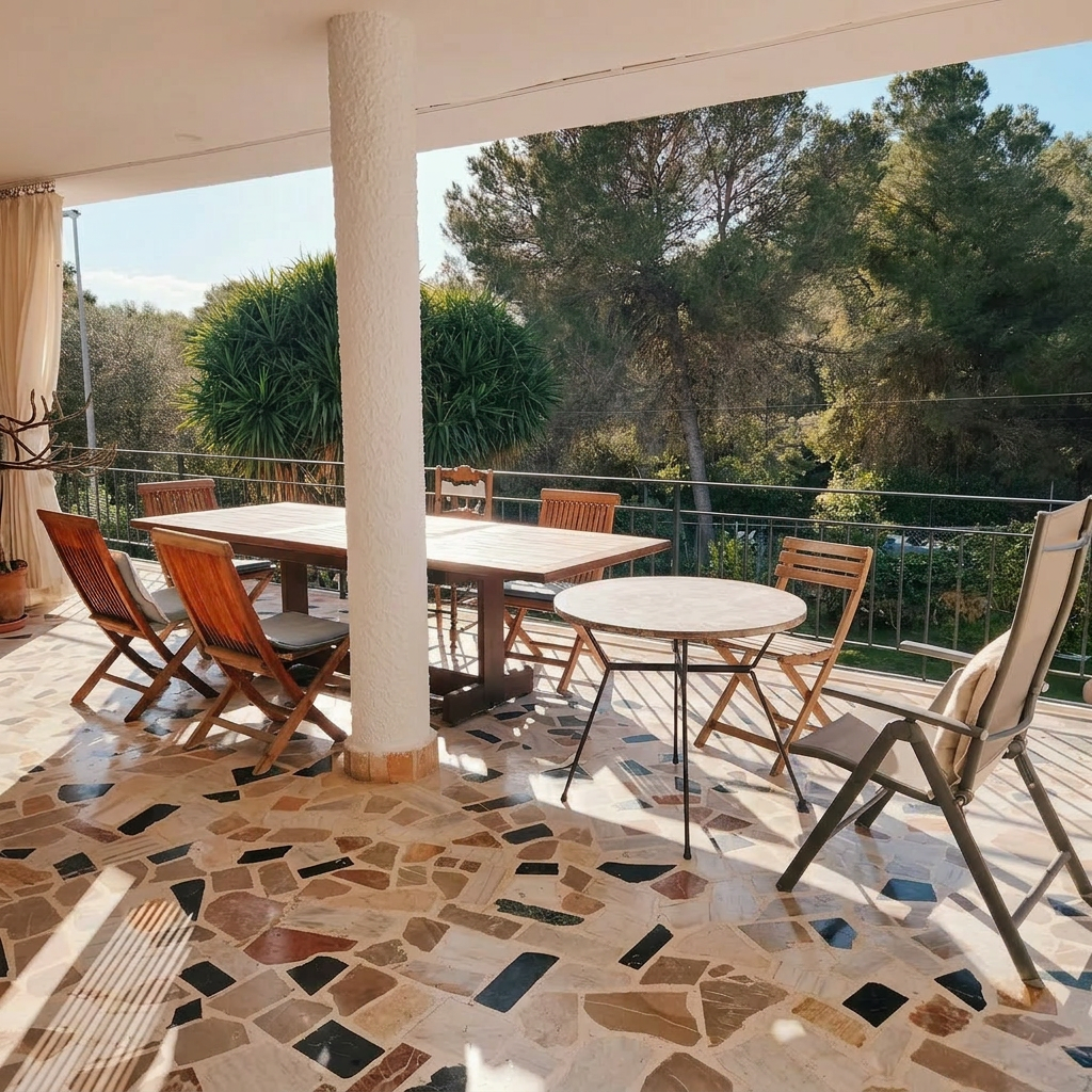 Mesa y sillas de madera en una terraza al aire libre, espacio cuidado para los encuentros de LuMa